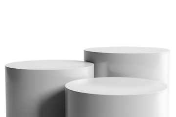 Three white cylindrical pedestals of varying heights arranged closely together isolated on transparent background
