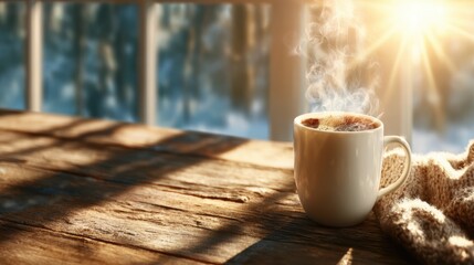 A steaming cup of coffee sits on a rustic wooden table, capturing the cozy ambiance created by warm sunlight filtering through the window after a chilly day.