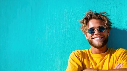 A stylish young man wearing round sunglasses and a bright yellow shirt smiles confidently against a striking teal wall, radiating positivity and modern fashion vibes.