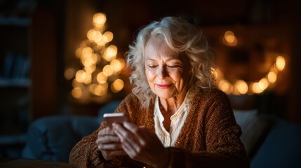 A smiling senior woman in a cozy sweater, illuminated by warm bokeh lights, while engaging with her smartphone, resonating happiness in a festive and comfortable evening setting.