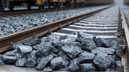 Close-Up View Of Pile Of Coal Beside Railroad Tracks With Selective Focus And Blurred Background