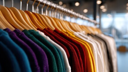 A vibrant array of colorful sweaters neatly hung in a boutique shop, showcasing various textures and warm tones that attract shoppers and convey a cozy atmosphere.