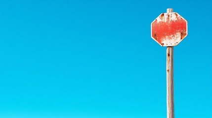 Weathered Stop Sign Against Azure Sky Minimalist Roadside Iconography.