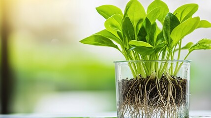 Vibrant Green Plant in Glass Vase Displaying Intricate Root System Against Blurred Green Background.