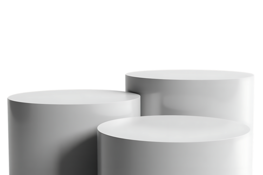 Three white cylindrical pedestals of varying heights arranged closely together isolated on transparent background - Powered by Adobe