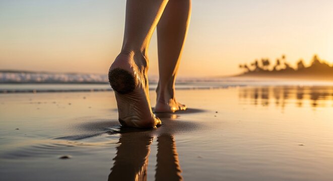 Barefoot person walking on wet sand toward ocean at sunset