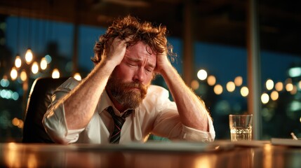 A weary businessman in formal attire sits at his desk with cluttered papers, head in hands, captured in a moment of stress and frustration during a late-night work session.