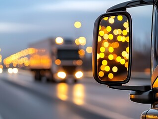Truck Side Mirror Reflecting Festive Bokeh Lights at Night