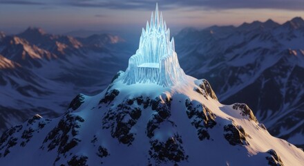 Frozen Majesty: A Glimmering Ice Throne Atop a Snow-Covered Mountain Peak