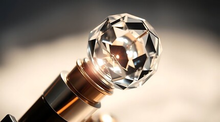 A cinematic, hyper-realistic close-up of a crystal perfume stopper, catching the light with prismatic refractions, set against a blurred, soft background