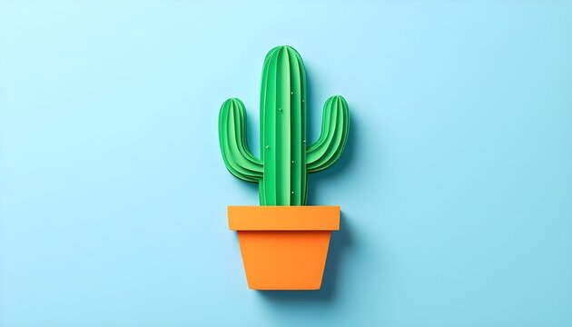 Bright green cactus in a vibrant orange pot against a soft blue background, perfect for adding a festive touch to a Christmas decoration theme Generative AI - Powered by Adobe