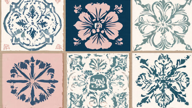 A collection of six decorative tiles featuring ornate botanical and abstract patterns in a soft palette of blue, pink, and teal.