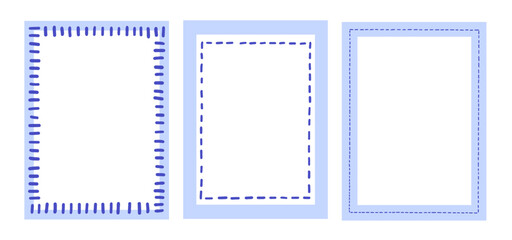 Blue frame, whimsical vector borders set for sea poster, vector flat abstract illustrations isolated on white