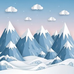 Paper cut winter landscape of mountain peaks with snow and pastel sky gradient