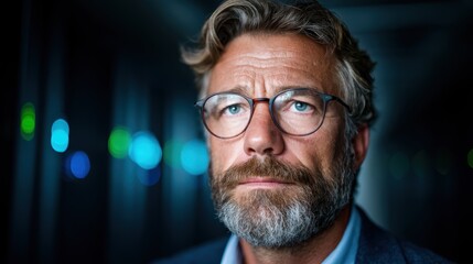 Obraz premium A contemplative man with a beard and glasses stares into the distance in a modern, softly illuminated space, reflecting deep thoughts and the complexity of life.