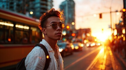 This image showcases a stylish young man wearing sunglasses, standing in an urban setting at sunset, reflecting a cool, confident attitude amidst a vibrant, dynamic environment.