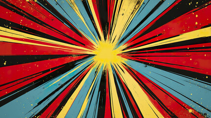 Fototapeta premium Vibrant comic style background with bold colorful rays in red, yellow, blue, and black radiating from bright center, creating energetic and dynamic visual effect