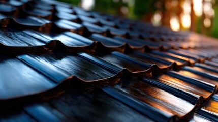 Close-up of gleaming ceramic roof tiles reflecting sunlight against a backdrop of vibrant greenery, showcasing craftsmanship through texture and beauty in architectural design.