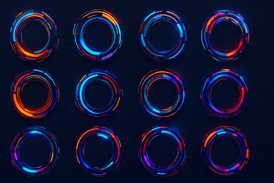 3d illustration of collection of twelve glowing futuristic abstract digital circle hud elements