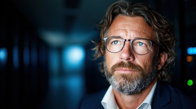 A contemplative businessman gazes thoughtfully, portraying confidence and introspection in a dimly lit environment, highlighting an atmosphere of professionalism.