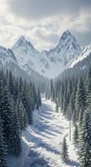 Majestic winter scenery showcasing snow-covered mountain peaks and pristine alpine forest