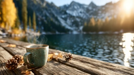 A steaming cup of coffee rests on a wooden dock by a tranquil lake, evoking warmth, calmness, and connection with nature ideal for relaxation and peaceful moments.