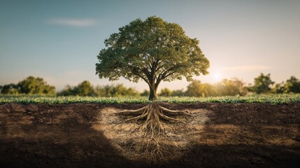 Cross Section Of Oak Tree Showing Roots And Soil Against Blue Sky During Golden Hour