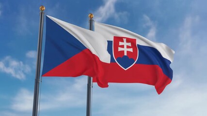 Czech Republic and Slovak flags waving together in the wind under a blue sky, symbolizing unity