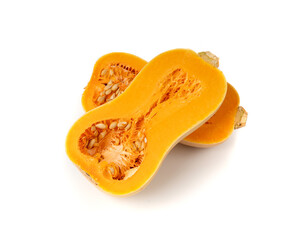 Butternut squash isolated on white. Raw fresh autumn pumpkin, ripe orange gourd