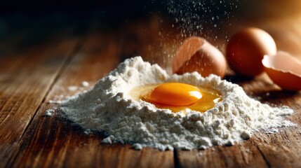 A rustic setup showcasing raw ingredients for baking, featuring flour and fresh eggs, highlighting the essence of home cooking and the excitement of baking from scratch.