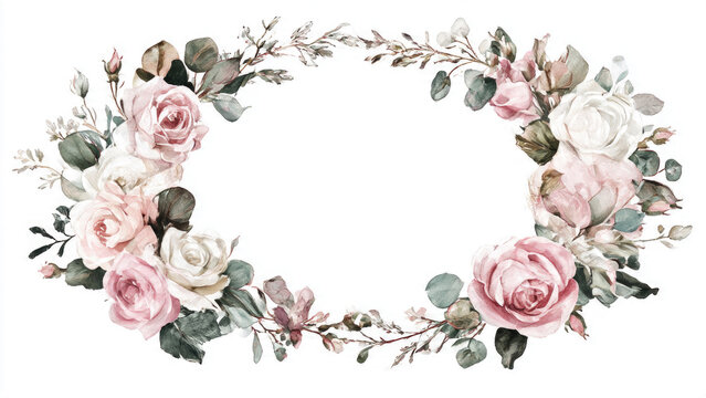 Elegant watercolor oval frame adorned with blush pink and white roses, complemented by muted green eucalyptus foliage, on a clean white backdrop.