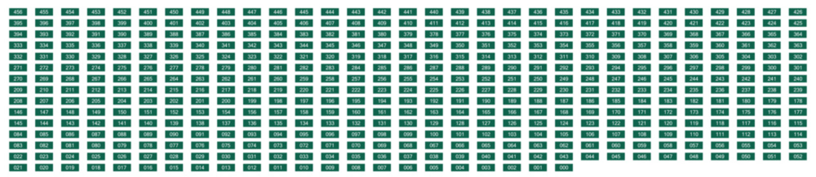Full green background number set ranging from 456 to 000, designed in a clean rectangular label format