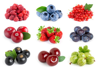 Collection of fruits on white background. Strawberry, blueberry, black currant, gooseberry, cherry and raspberry.