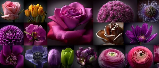 A collage of richly colored flowers showcases nature’s diversity, beauty, and intricate details. The image captures elegance, vibrancy, and artistic flair.