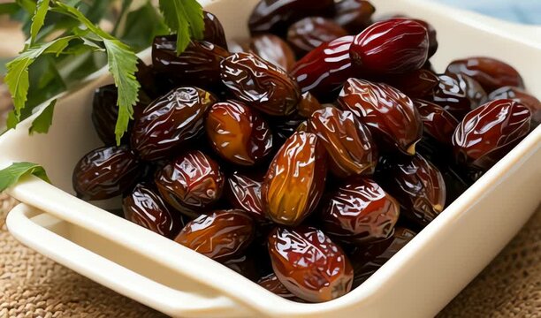 Close up shot of dates in a white bowl with green leaves on a textured surface 4k and hd  video