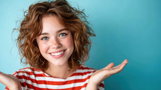 A playful young girl with curly hair wearing a striped shirt, smiling and gesturing with her hands against a teal background, radiating joyfulness and youthful exuberance.