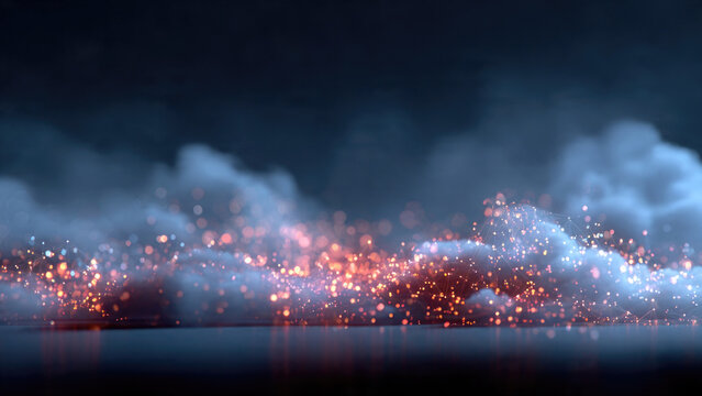 Futuristic network of glowing data particles flowing through ethereal mist, creating an abstract, energetic, and mysterious digital landscape.