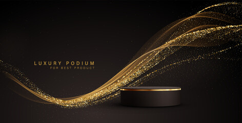 Black Gold cylinder podium. Golden Luxury Podium in the Dark Room for mockup products, promotion display. Black Studio Scene Background. Vector illustration