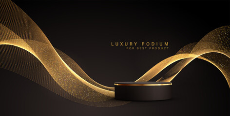 Black Gold cylinder podium. Golden Luxury Podium in the Dark Room for mockup products, promotion display. Black Studio Scene Background. Vector illustration