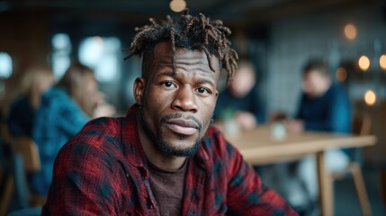 A thoughtful man with braided hair gazes contemplatively in a cozy cafeteria, surrounded by a social atmosphere, exploring personal experiences and emotional journeys.