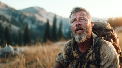 An outdoor enthusiast with a rugged look gazes towards the mountains, captured in a moment of reflection that conveys a sense of adventure, exploration, and the beauty of nature.