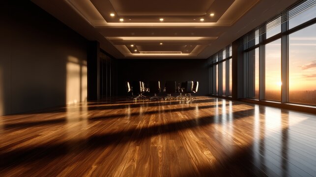 A spacious and modern boardroom featuring sleek chairs and large windows, showcasing a beautiful sunset, perfect for corporate meetings and professional gatherings.