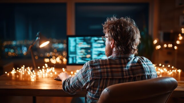 A dedicated programmer intensely focuses on coding as night falls, surrounded by warm ambient lights, illustrating a modern workspace that fuels creativity and productivity.