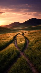 Dramatic Sunset Over Rolling Hills Landscape With Dirt Road Pathway Leading Through Fields