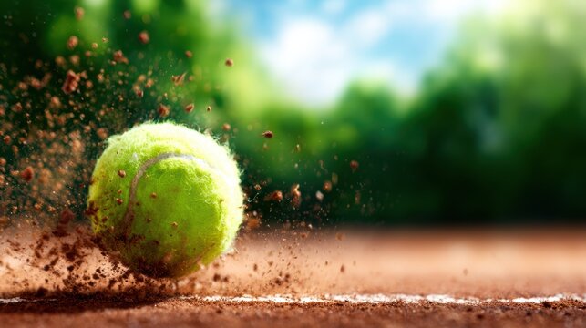 A vibrant yellow tennis ball hits the clay court and kicks up dust, capturing the dynamic moment of sport, speed, and energy on a sunny day in the great outdoors.