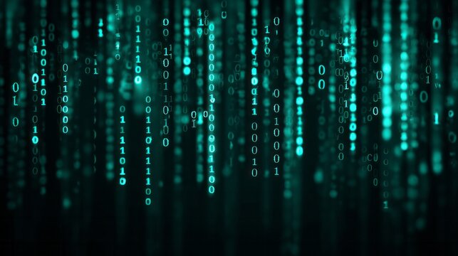 Glowing binary code streams cascade vertically through a dark digital background - Powered by Adobe