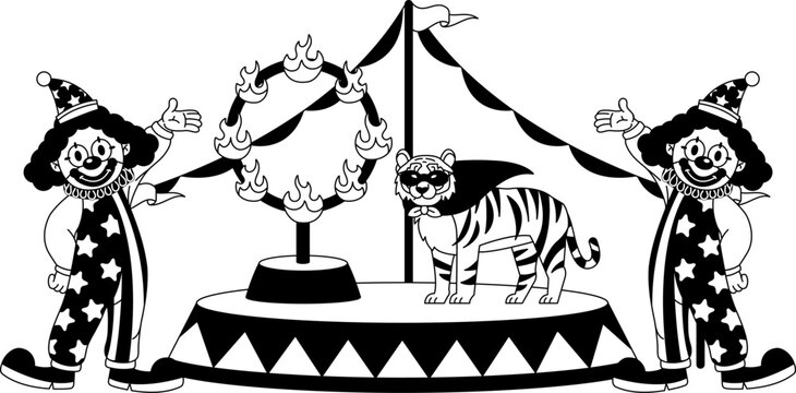 black and white Two clowns stand next to a circus ring with a tiger