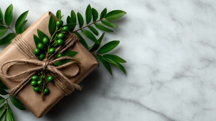An elegantly wrapped gift using natural materials and decorative foliage, perfect for enhancing the aesthetic of any celebration while symbolizing thoughtfulness and care.