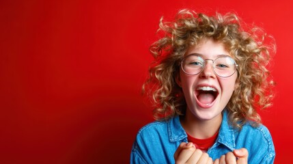 A joyful girl with curly hair celebrates against a vibrant red background, showcasing her enthusiasm and carefree spirit in a moment of pure happiness and excitement.