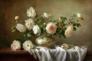 Elegant Still Life of White Roses in a Floral Vase on a Textured Surface